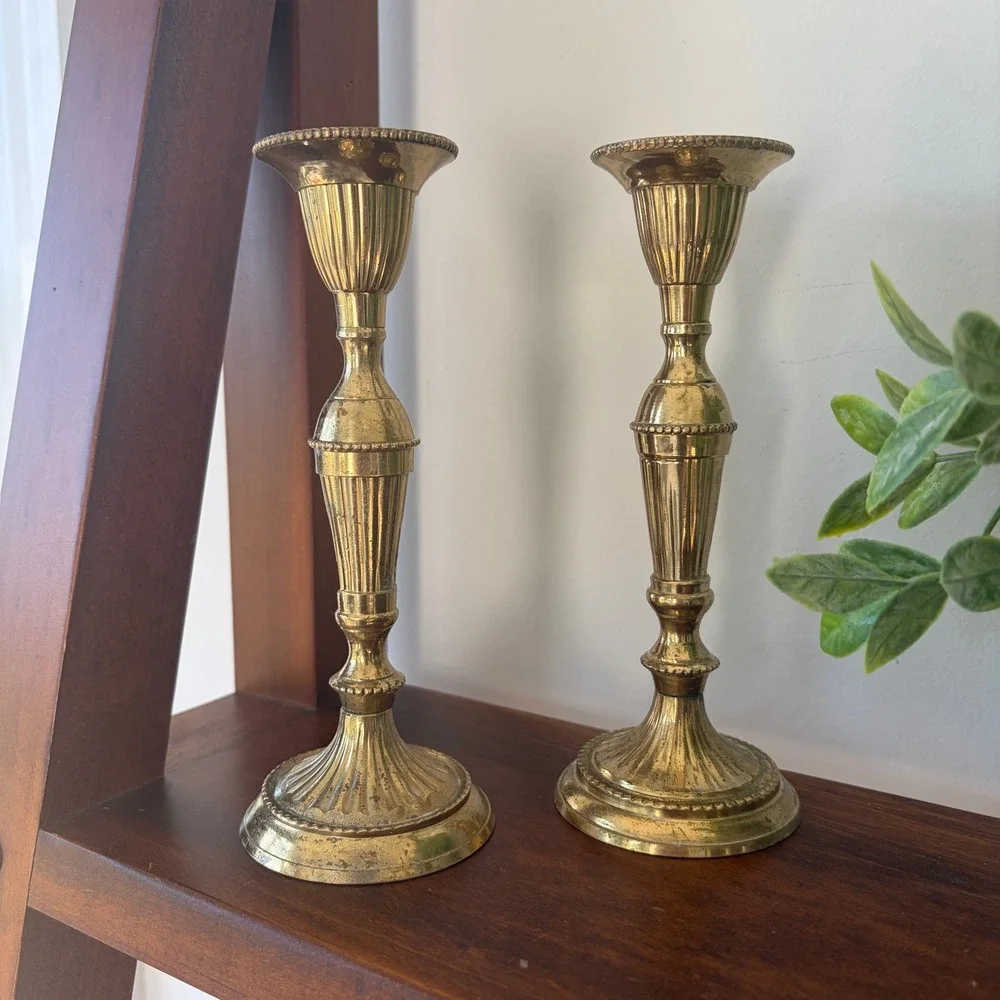 Hosley Solid Lacquered Brass Fluted Candlestick Holders Pair BS 5890 India 7.75